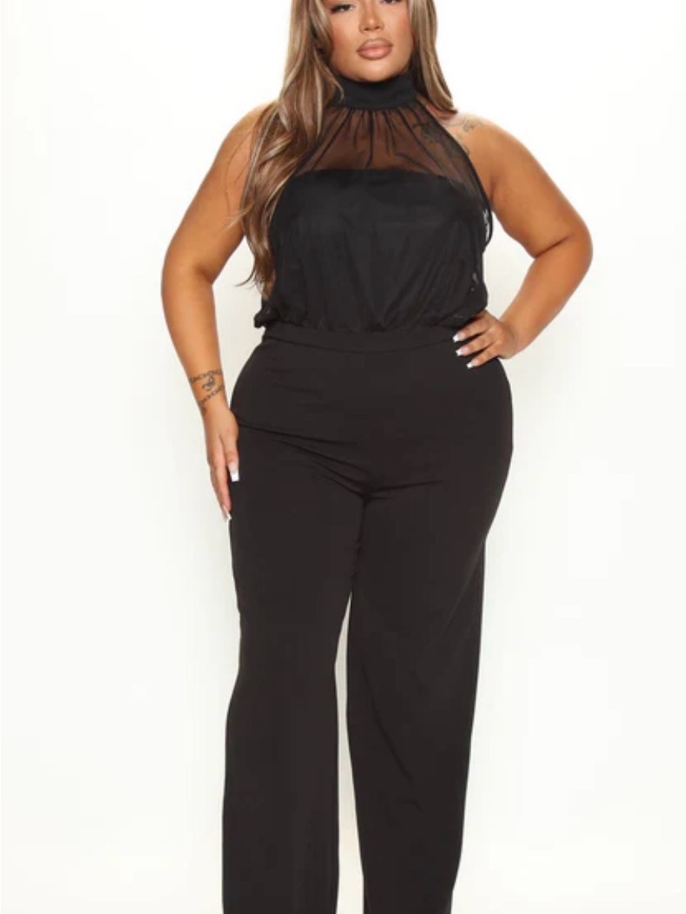 Fashion Nova Black Sheer Halter Wide-Leg Jumpsuit - Picture 4 of 7